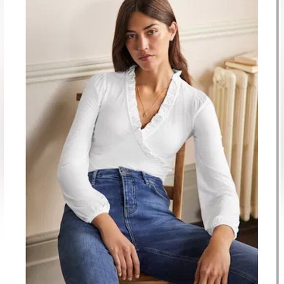 Boden Frill Neck Blouson Wrap Long Sleeve Top White 4 - Picture 1 of 7